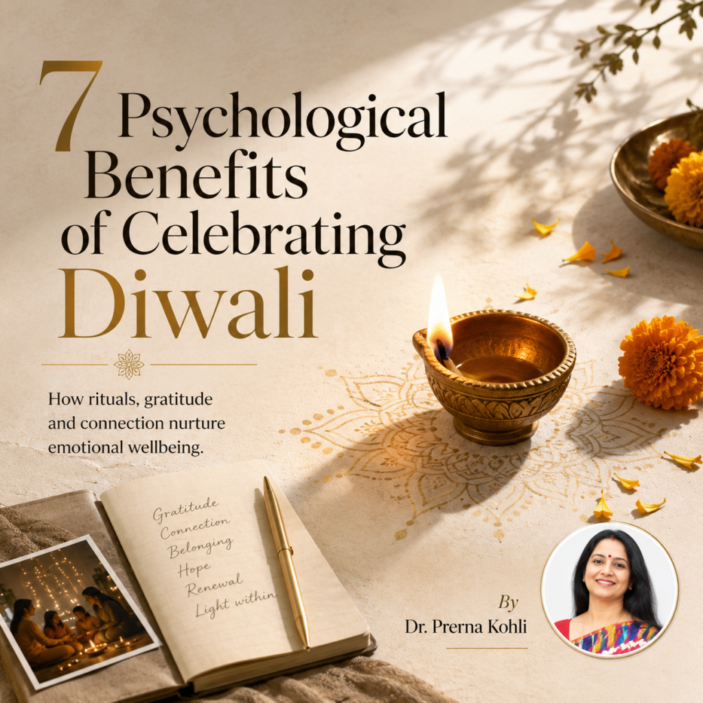 7 Psychological Benefits of Celebrating Diwali by Dr. Prerna Kohli featured image depicting a traditional diya, gratitude journal and marigold flowers, symbolizing emotional wellbeing, connection, gratitude and positive psychology.