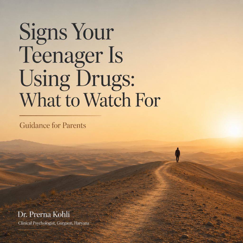Signs Your Teenager Is Using Drugs: What to Watch For by Dr. Prerna Kohli featured image depicting a solitary figure standing on a desert path at sunrise, symbolizing uncertainty, vulnerability, behavioural change and the importance of parental awareness.