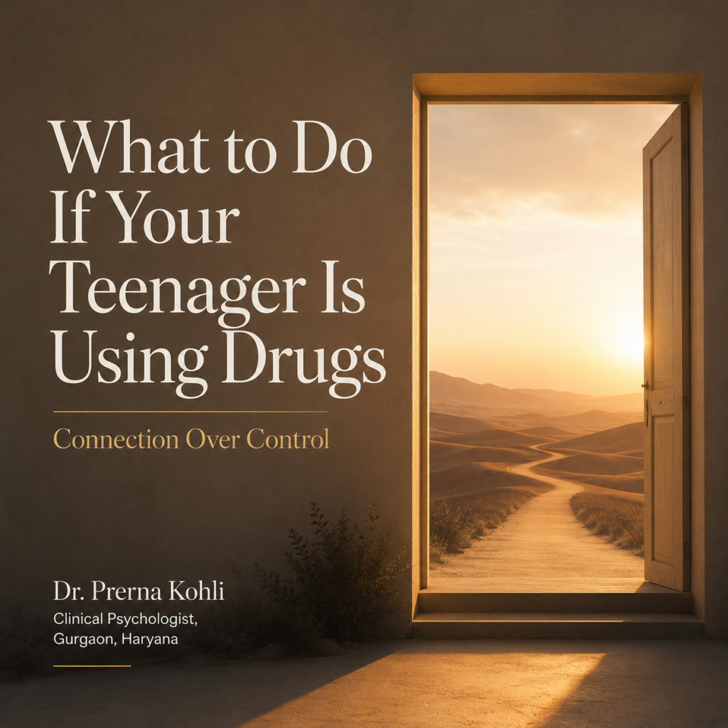 What to Do If Your Teenager Is Using Drugs by Dr. Prerna Kohli featured image showing an open doorway leading to a winding path through desert dunes at sunrise, symbolizing hope, guidance, reconnection and compassionate parenting.