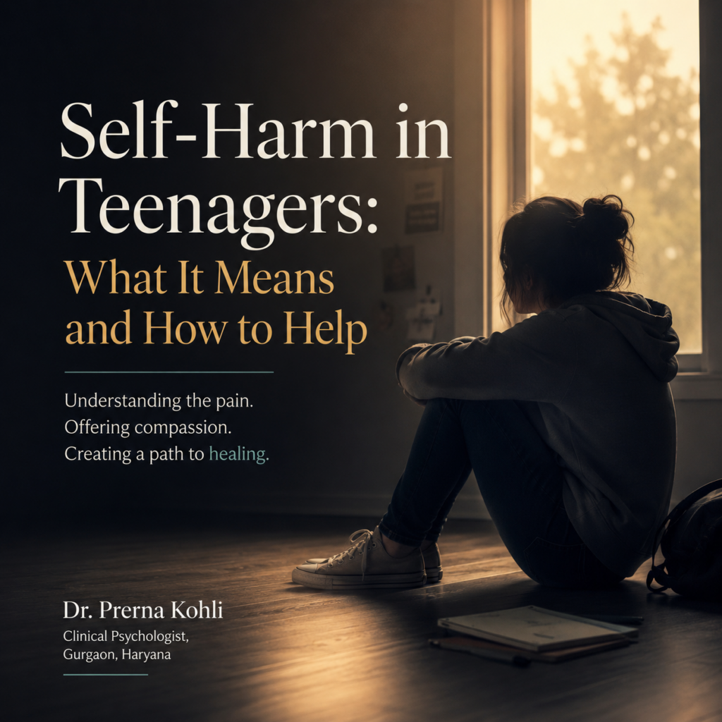 Self-Harm in Teenagers: What It Means and How to Help by Dr. Prerna Kohli featured image portraying a solitary adolescent seated near a softly illuminated window, symbolizing emotional pain, isolation, hope, healing and compassionate support for teenagers experiencing distress.