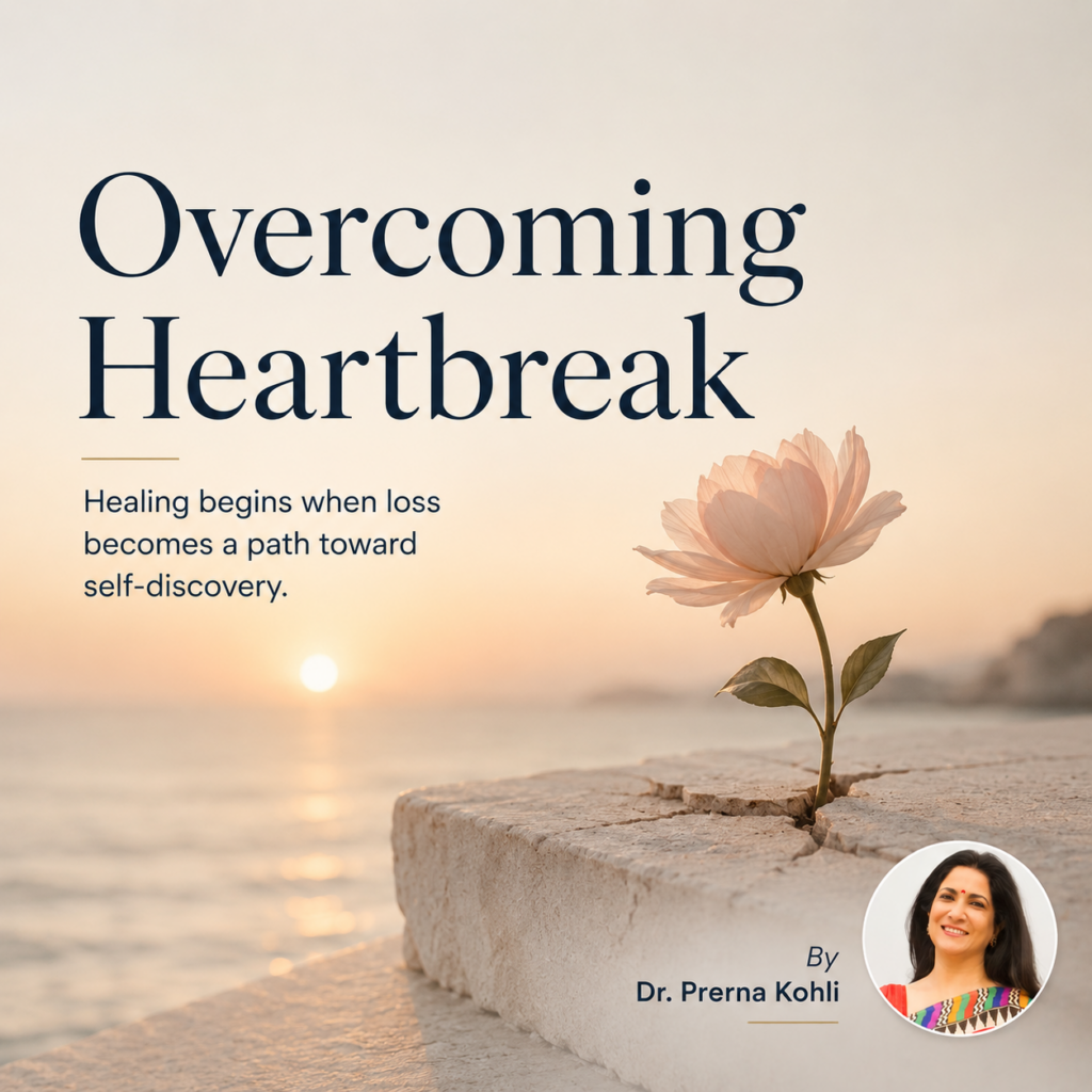 Overcoming Heartbreak by Dr. Prerna Kohli – editorial featured image depicting healing after emotional loss, with a flower emerging through fractured stone at sunrise, symbolizing resilience, recovery and personal growth.