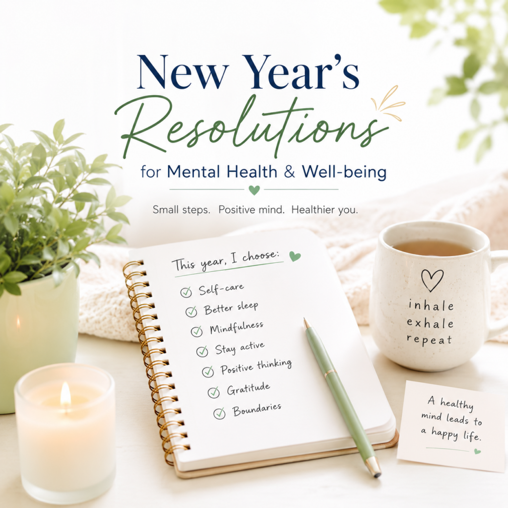 New Year’s resolutions for mental health and well-being with self-care goals written in a journal