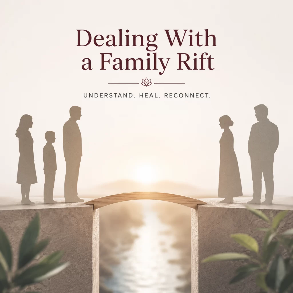 Family members separated by a gap connected by a bridge, symbolizing healing and reconciliation after a family rift.