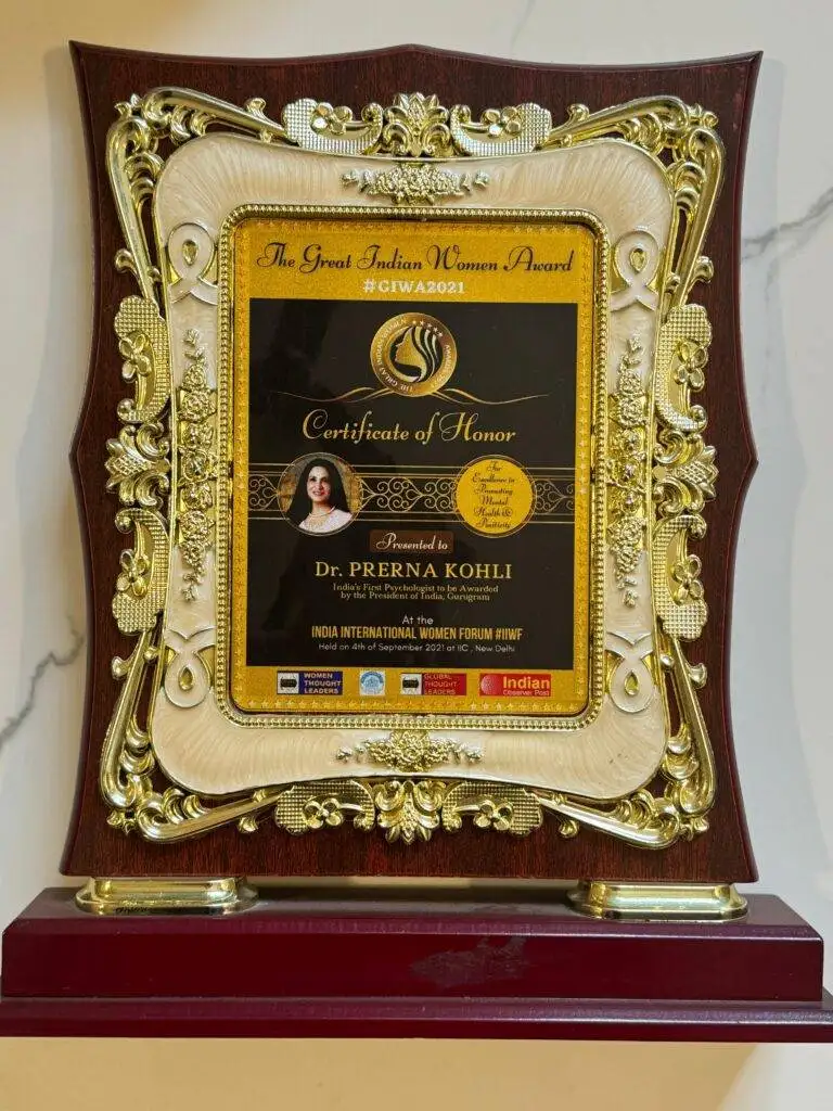Dr. Prerna Kohli Certificate of Honor at Great Indian Women Award GIWA 2021 for Excellence in Promoting Mental Health & Positivity — India International Women Forum New Delhi September 2021 — Clinical Psychologist