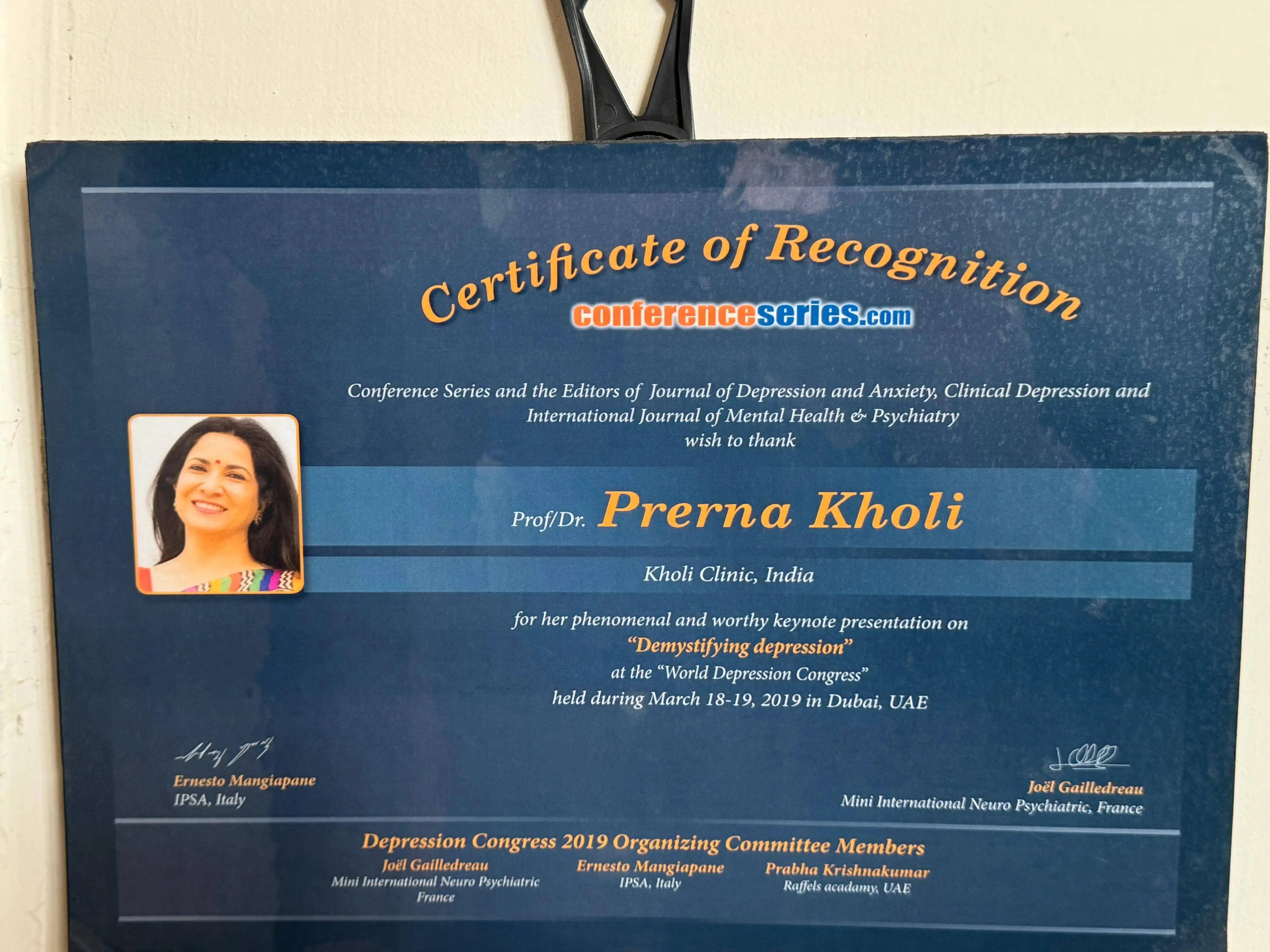 Dr. Prerna Kohli Certificate of Recognition for keynote presentation on Demystifying Depression at World Depression Congress Dubai UAE March 2019 — Clinical Psychologist, India