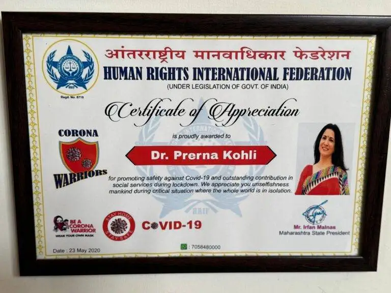 Dr. Prerna Kohli Corona Warriors Certificate of Appreciation from Human Rights International Federation for Covid-19 social services during lockdown — Clinical Psychologist, India