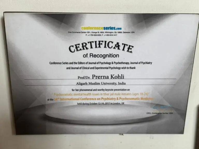 Dr. Prerna Kohli Certificate of Recognition for keynote presentation on psychosomatic mental health in Tihar Jail at 24th International Conference on Psychiatry London UK 2017 — AMU Clinical Psychologist