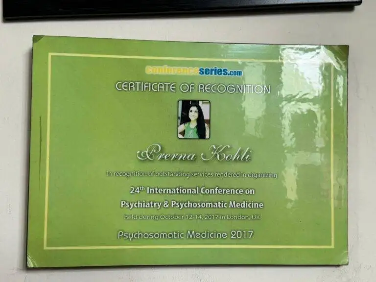 Dr. Prerna Kohli Certificate of Recognition for outstanding services at 24th International Conference on Psychiatry & Psychosomatic Medicine London UK 2017 — Clinical Psychologist, India