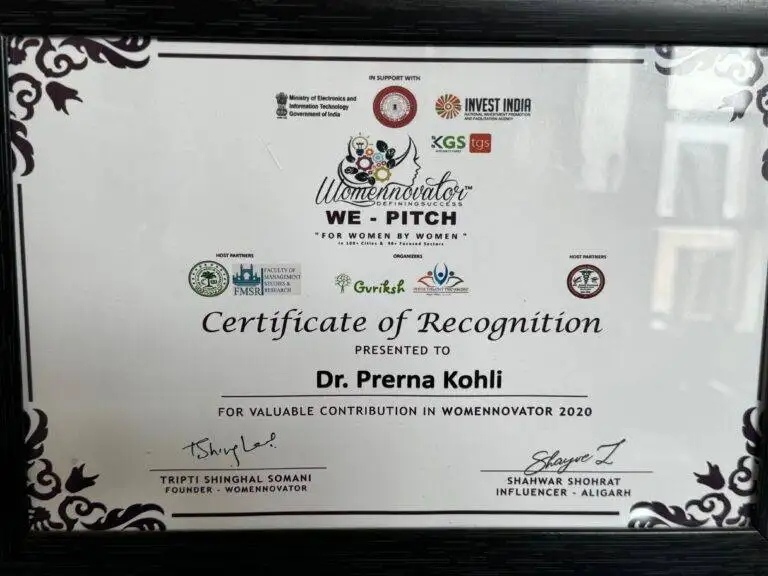 Dr. Prerna Kohli Certificate of Recognition for valuable contribution in Womennovator 2020 — supported by Ministry of Electronics Government of India — Clinical Psychologist
