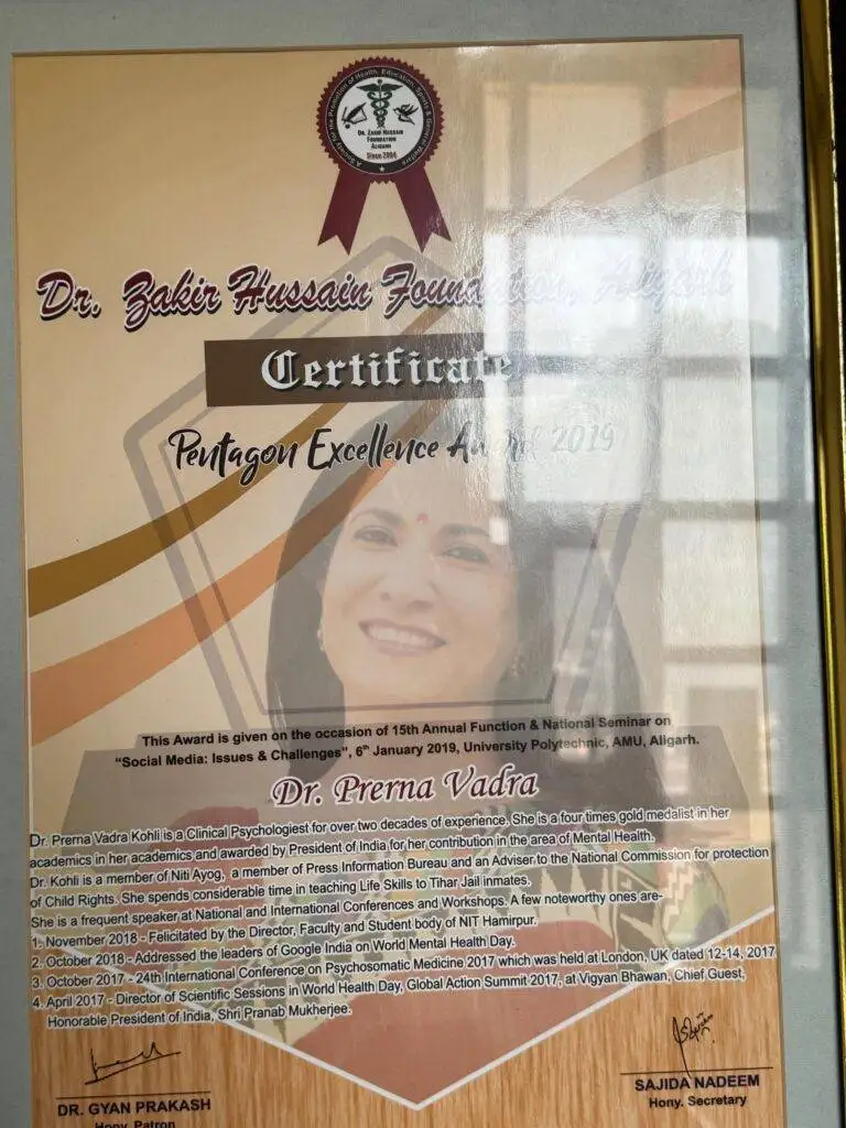 Dr. Prerna Kohli at ZHF Women Leadership award ceremony — Clinical Psychologist