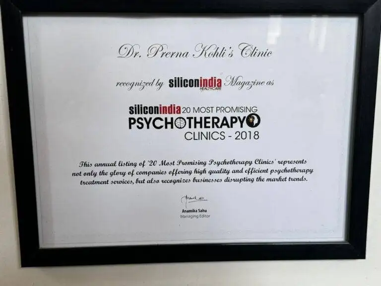 Dr. Prerna Kohli's clinic recognised by Silicon India as 20 Most Promising Psychotherapy Clinics 2018 — Clinical Psychologist, Gurugram
