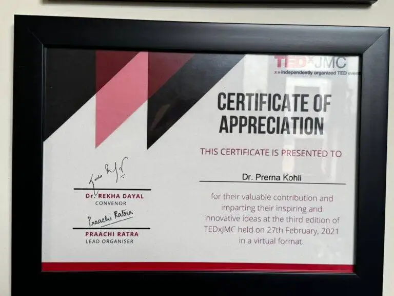 Dr. Prerna Kohli Certificate of Appreciation for valuable contribution at TEDxJMC third edition February 27 2021 — Clinical Psychologist, India