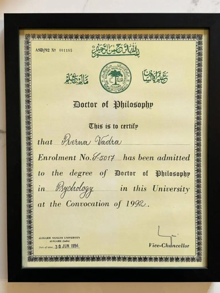 Dr. Prerna Kohli PhD Doctor of Philosophy certificate from Aligarh Muslim University — Clinical Psychologist & Marriage Counsellor, India