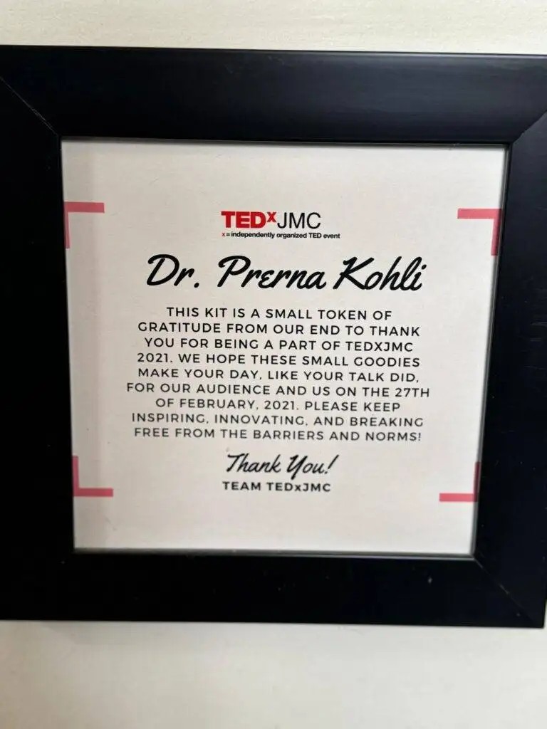Dr. Prerna Kohli recognised as TEDxJMC speaker — February 27 2021 — Clinical Psychologist & Mental Health Expert, India