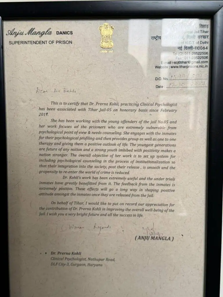 Dr. Prerna Kohli certified as honorary Clinical Psychologist at Tihar Jail Delhi since February 2017 — Mental Health Services, India