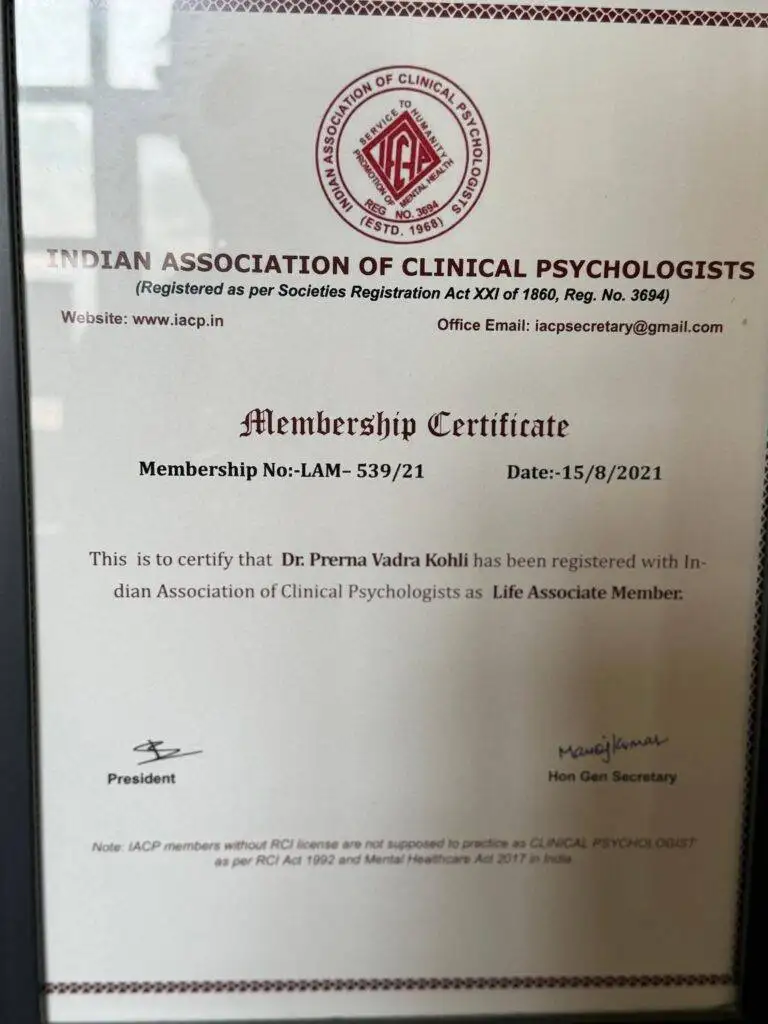 Dr. Prerna Kohli membership certificate — Indian Association of Clinical Psychologists IACP — Clinical Psychologist, India