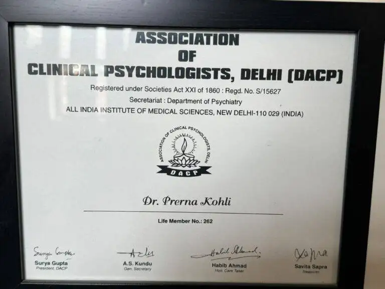 Dr. Prerna Kohli Life Member certificate — Association of Clinical Psychologists Delhi AIIMS — Clinical Psychologist, India
