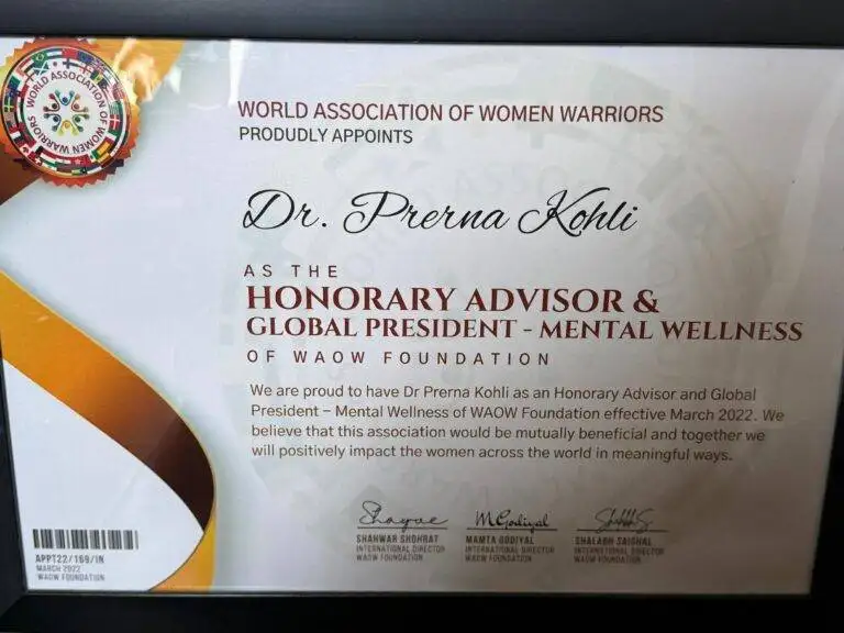 Dr. Prerna Kohli appointed Honorary Advisor & Global President Mental Wellness — WAOW Foundation, March 2022