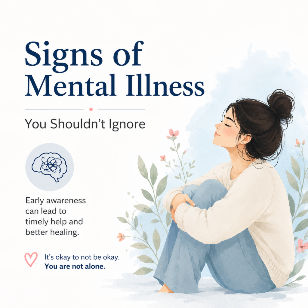 Signs of mental illness illustration showing a person practicing self-awareness and emotional well-being