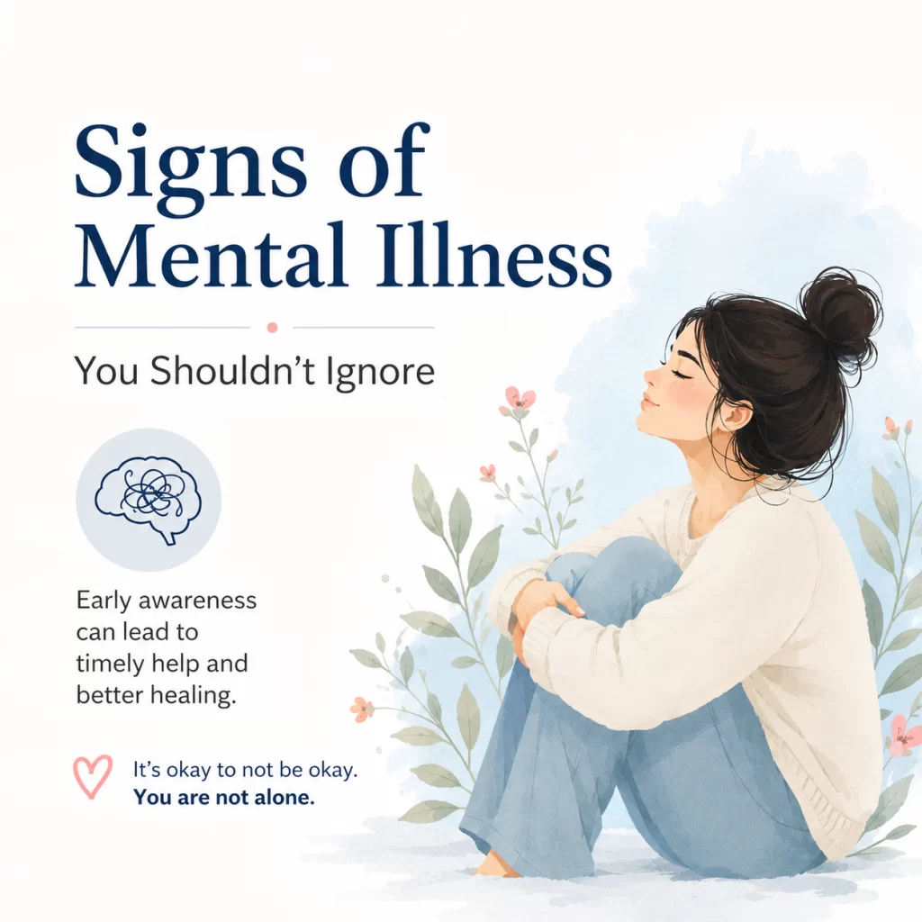 Signs of mental illness illustration showing a person practicing self-awareness and emotional well-being