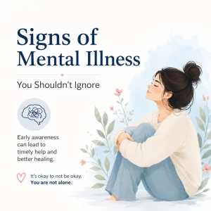Signs of mental illness illustration showing a person practicing self-awareness and emotional well-being