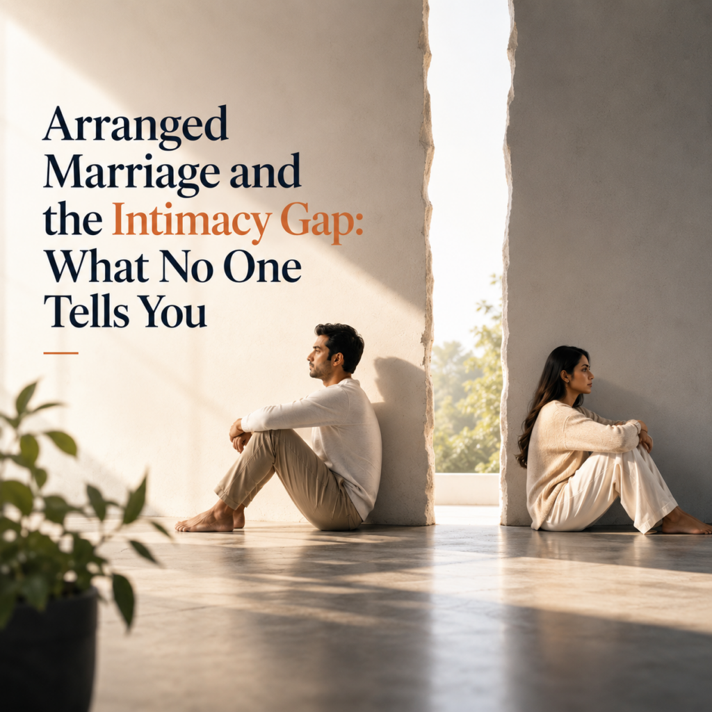 Indian husband and wife sitting apart on opposite sides of a dividing wall, symbolising emotional distance, lack of intimacy, and the intimacy gap often experienced in arranged marriages.