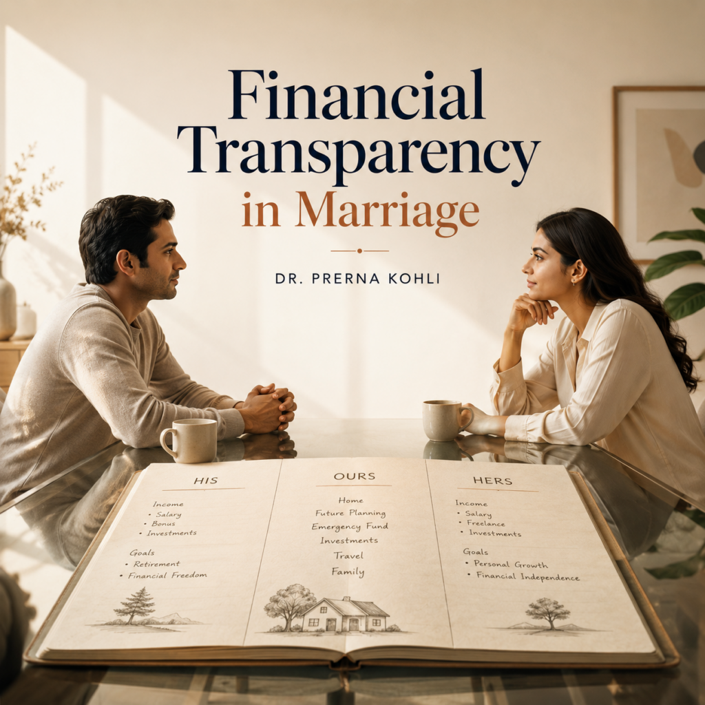 Married couple seated across a transparent table reviewing a shared financial plan, symbolising financial transparency, trust, and collaborative money management in marriage.