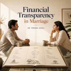 Married couple seated across a transparent table reviewing a shared financial plan, symbolising financial transparency, trust, and collaborative money management in marriage.