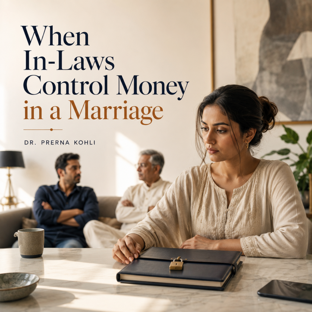 Indian woman seated beside a locked financial ledger while her husband and father-in-law sit in the background, symbolising financial control, loss of financial autonomy, and economic abuse within a marriage.