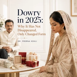 Indian bride seated beside wedding gifts, jewellery, and cash while an older male family figure watches from the background, symbolising modern dowry practices disguised as tradition and family honour.
