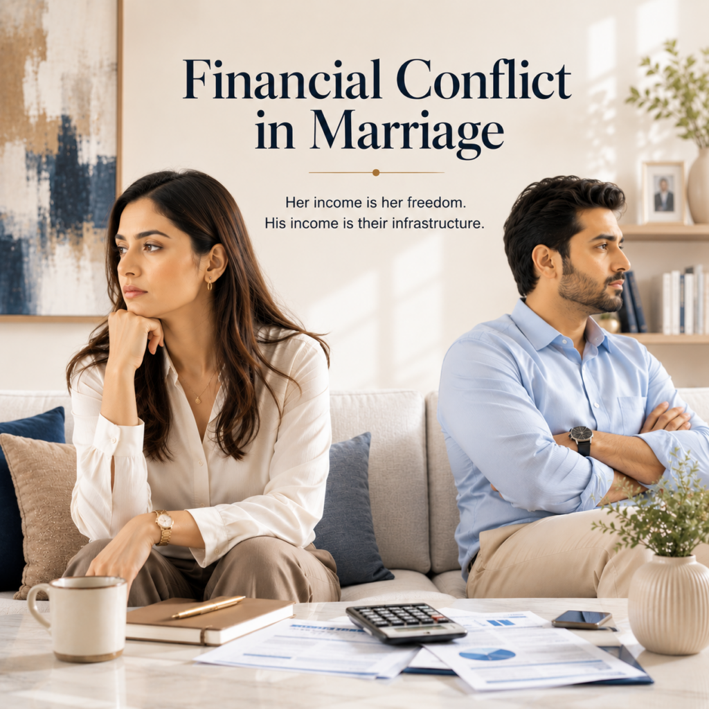 Indian husband and wife sitting apart on a sofa in a bright modern living room, symbolising financial conflict in marriage, unequal financial responsibility, and disagreements about money between spouses.