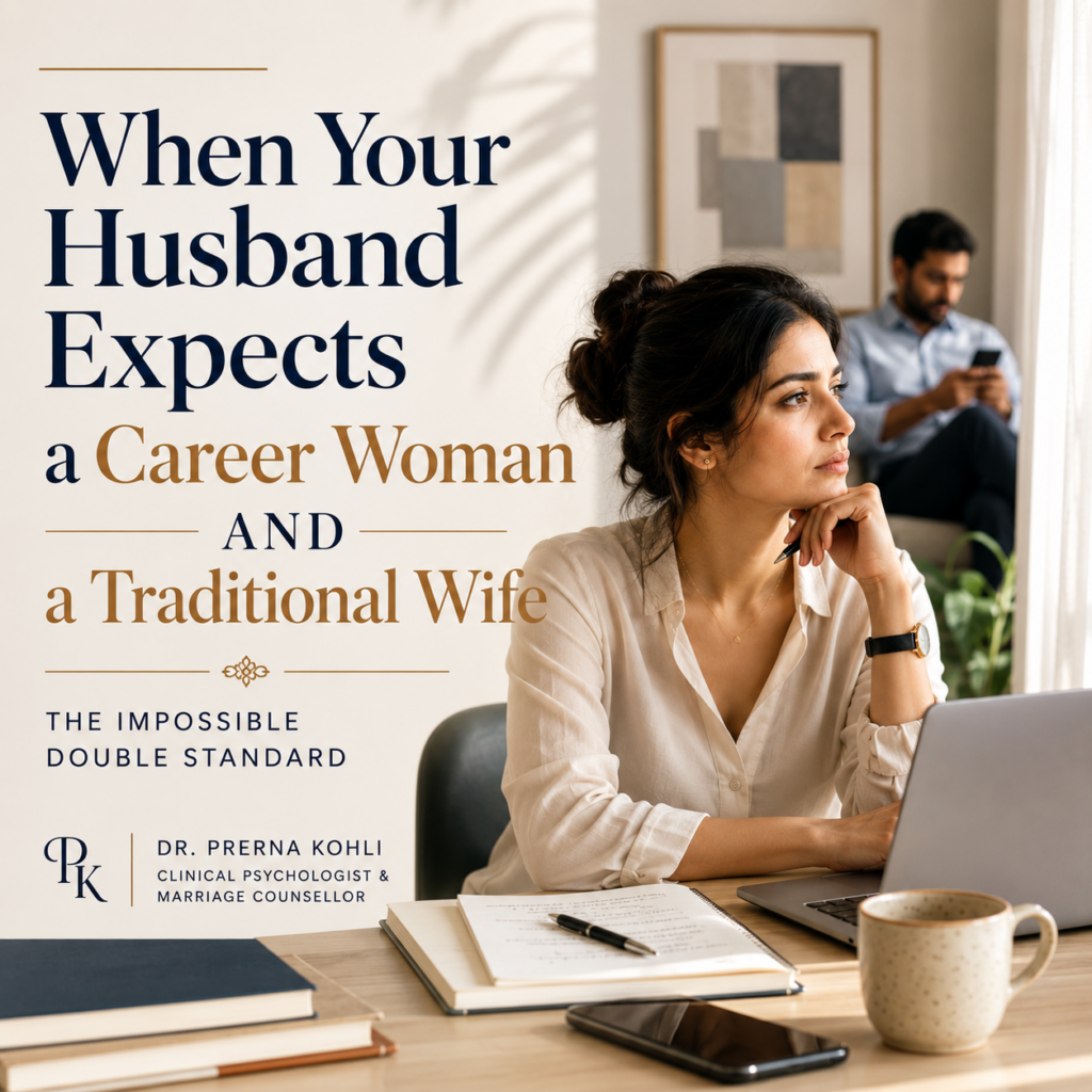 Professional Indian woman working on a laptop while reflecting on marriage expectations, illustrating the conflict between being a successful career woman and a traditional wife in modern Indian marriages.