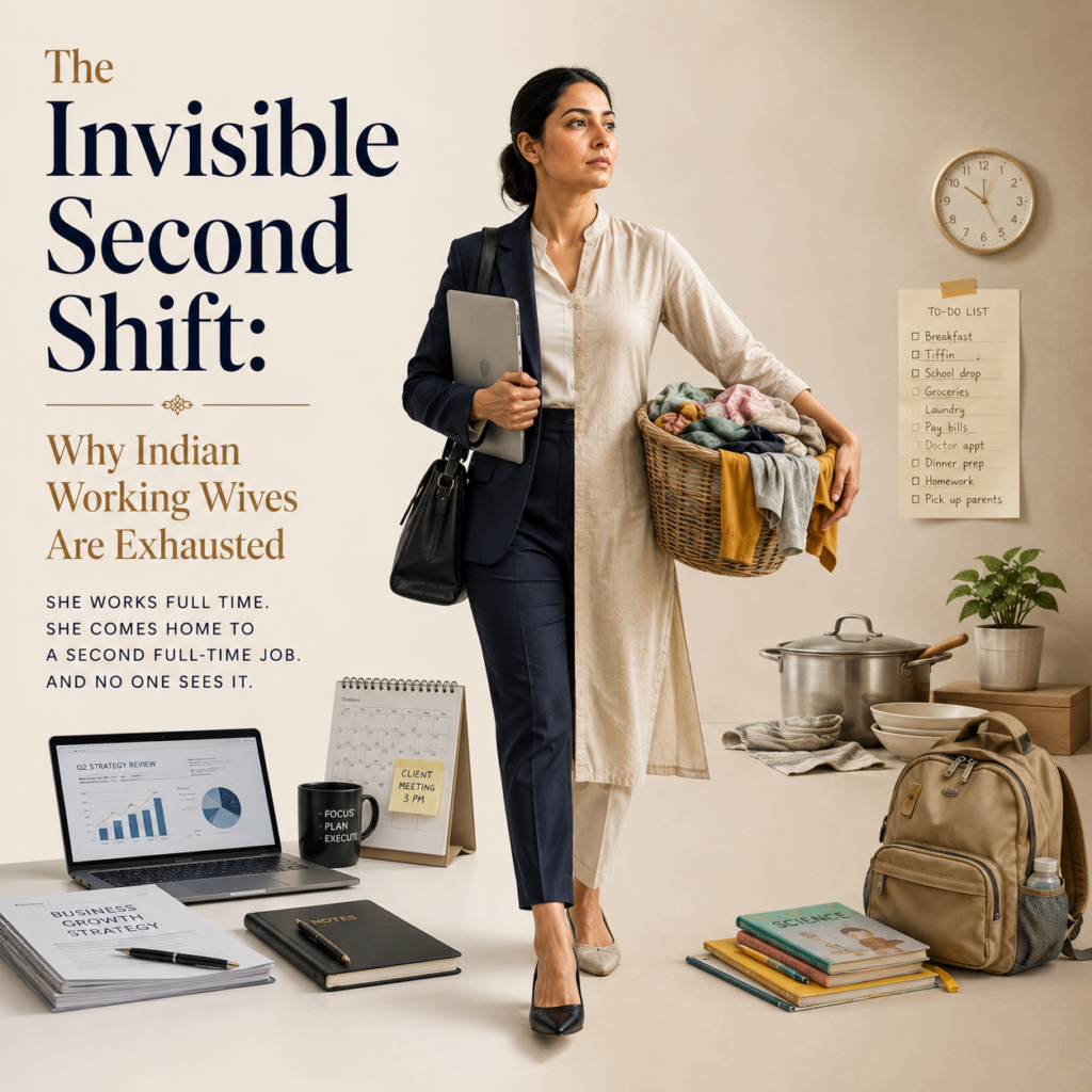 Professional Indian woman carrying both career responsibilities and household duties, symbolizing the invisible second shift, mental load, and unpaid domestic labour experienced by working wives in India.