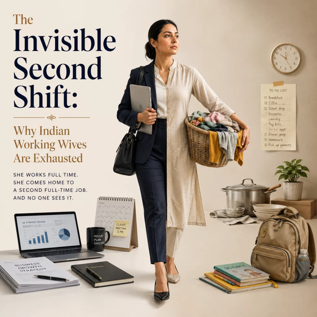 Professional Indian woman carrying both career responsibilities and household duties, symbolizing the invisible second shift, mental load, and unpaid domestic labour experienced by working wives in India.