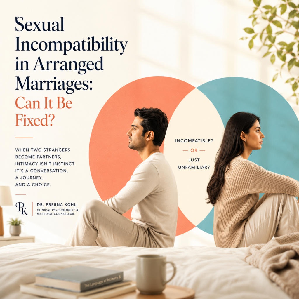 Indian husband and wife sitting emotionally apart with overlapping circles symbolizing the difference between sexual incompatibility and sexual unfamiliarity in arranged marriages.