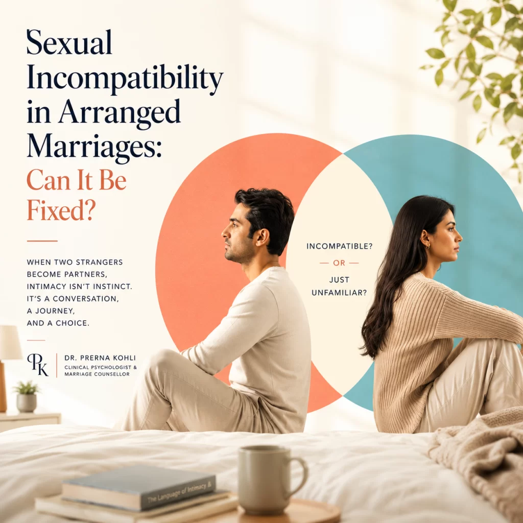 Indian husband and wife sitting emotionally apart with overlapping circles symbolizing the difference between sexual incompatibility and sexual unfamiliarity in arranged marriages.