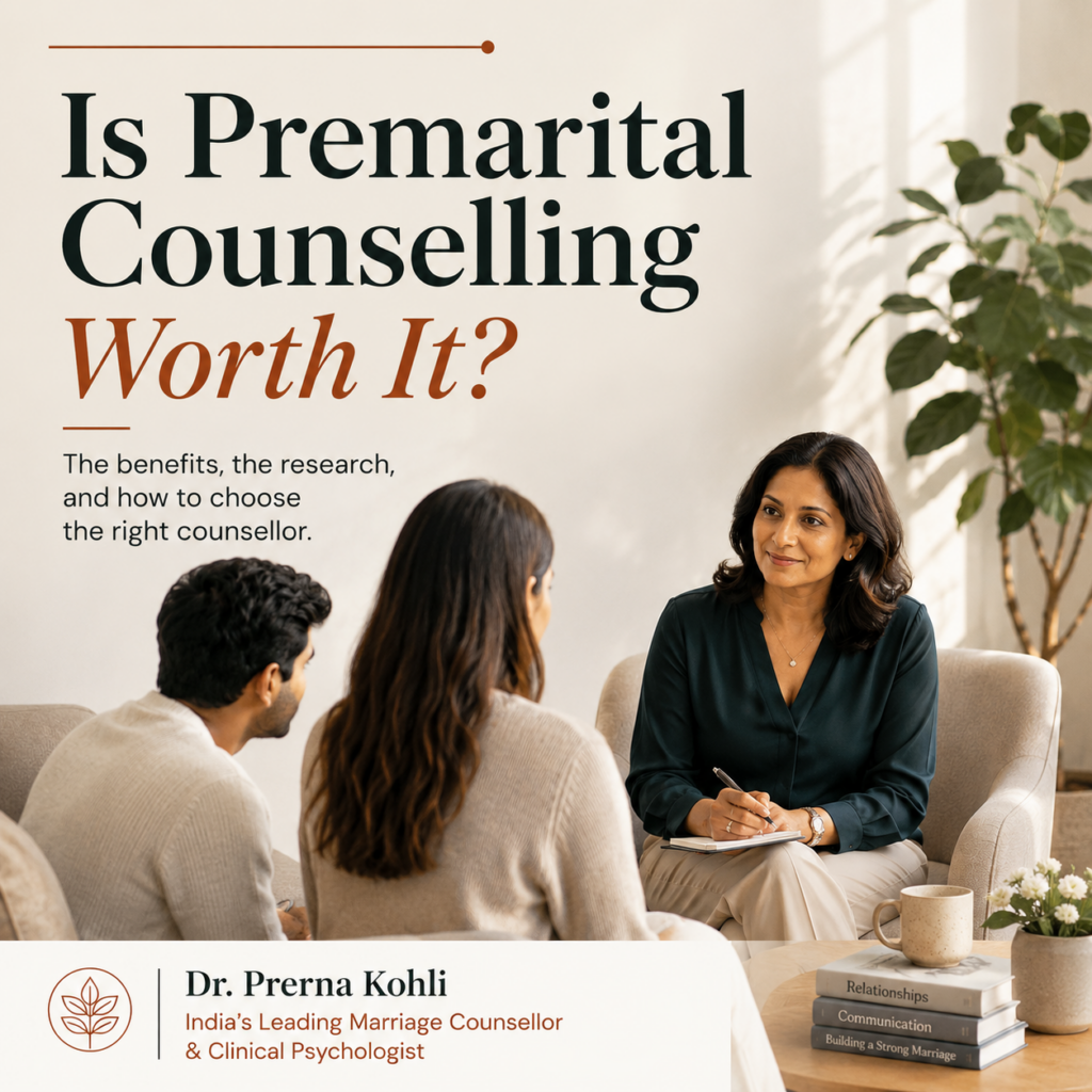 A couple attending a premarital counselling session with Dr. Prerna Kohli, India's leading marriage counsellor and clinical psychologist, discussing relationship preparation, communication, and marriage readiness before their wedding.