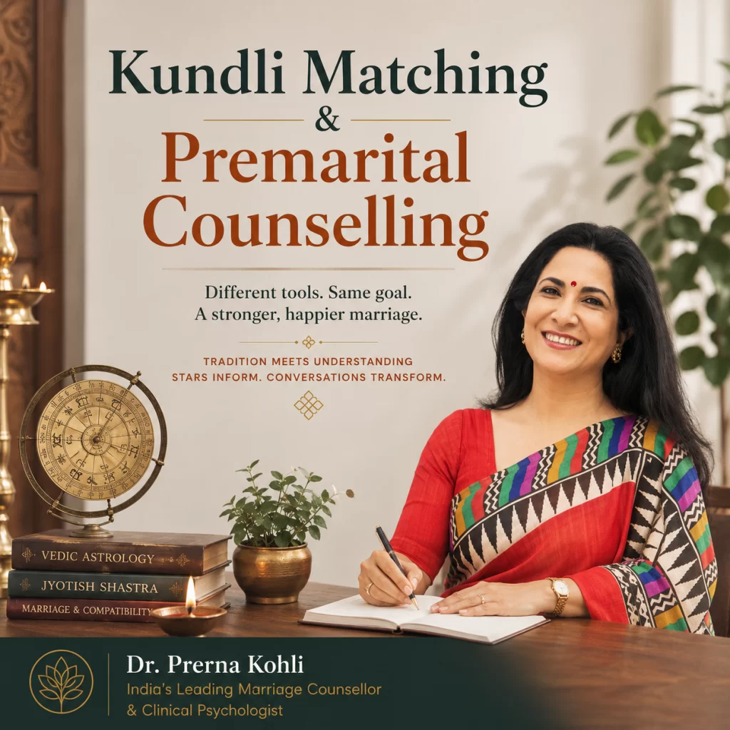 Dr. Prerna Kohli writing at her desk beside an antique Vedic astrology globe and books, illustrating kundli matching and premarital counselling