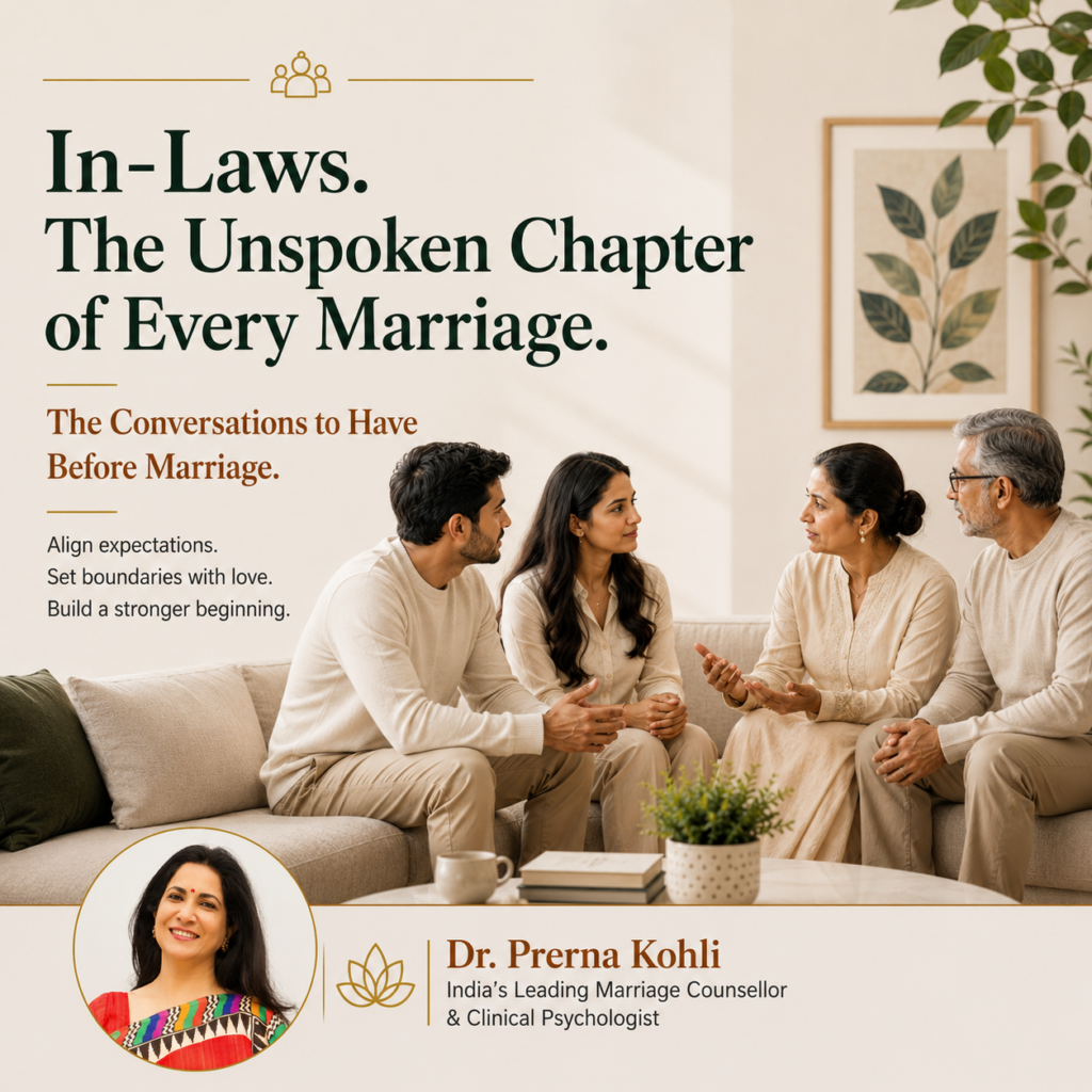 Young couple having an open discussion with future in-laws in a warm family setting, with Dr. Prerna Kohli featured as India's leading marriage counsellor and clinical psychologist. Editorial-style image about premarital counselling, joint-family living, family expectations, boundaries, and preparing for marriage in India.