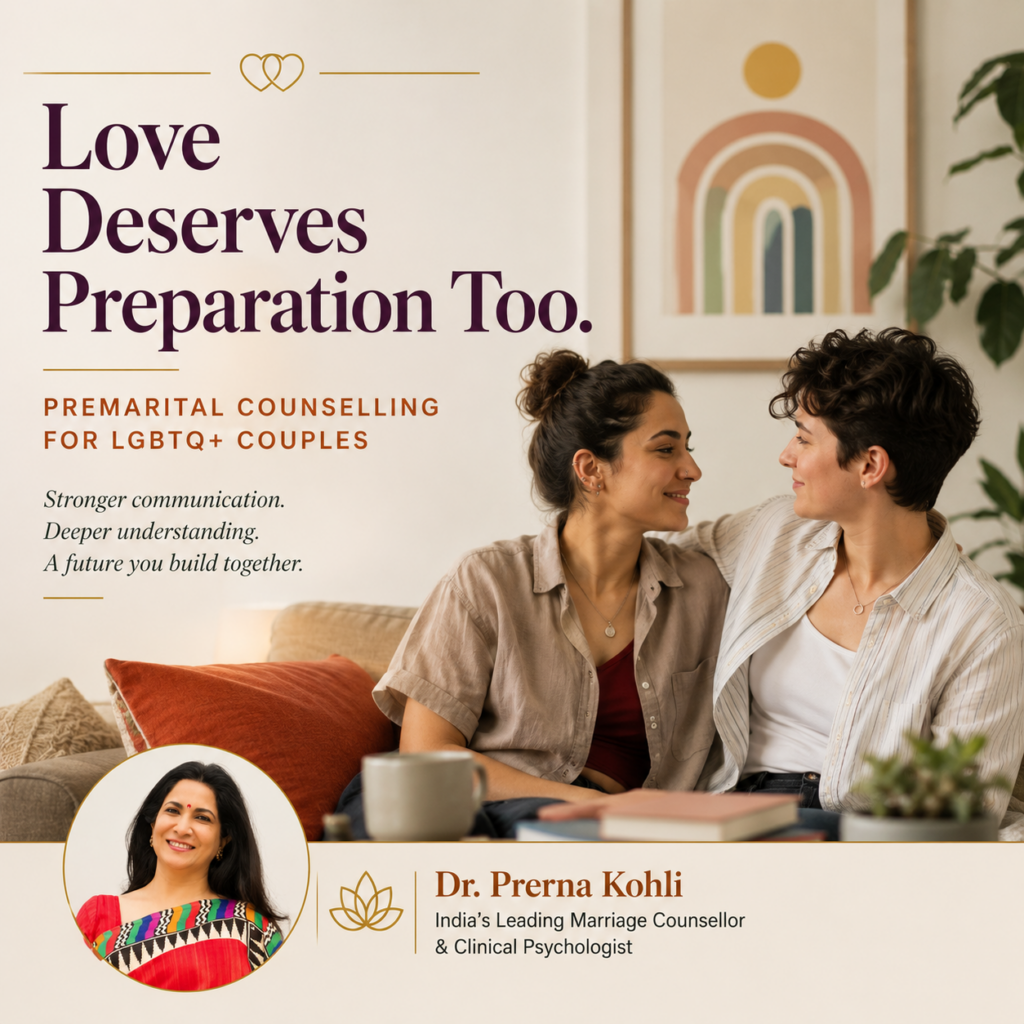 LGBTQ+ couple sharing a warm moment together in a home setting, representing commitment, communication, and future planning before marriage. Editorial-style featured image with Dr. Prerna Kohli, India's leading marriage counsellor and clinical psychologist, focused on premarital counselling for LGBTQ+ couples in India.