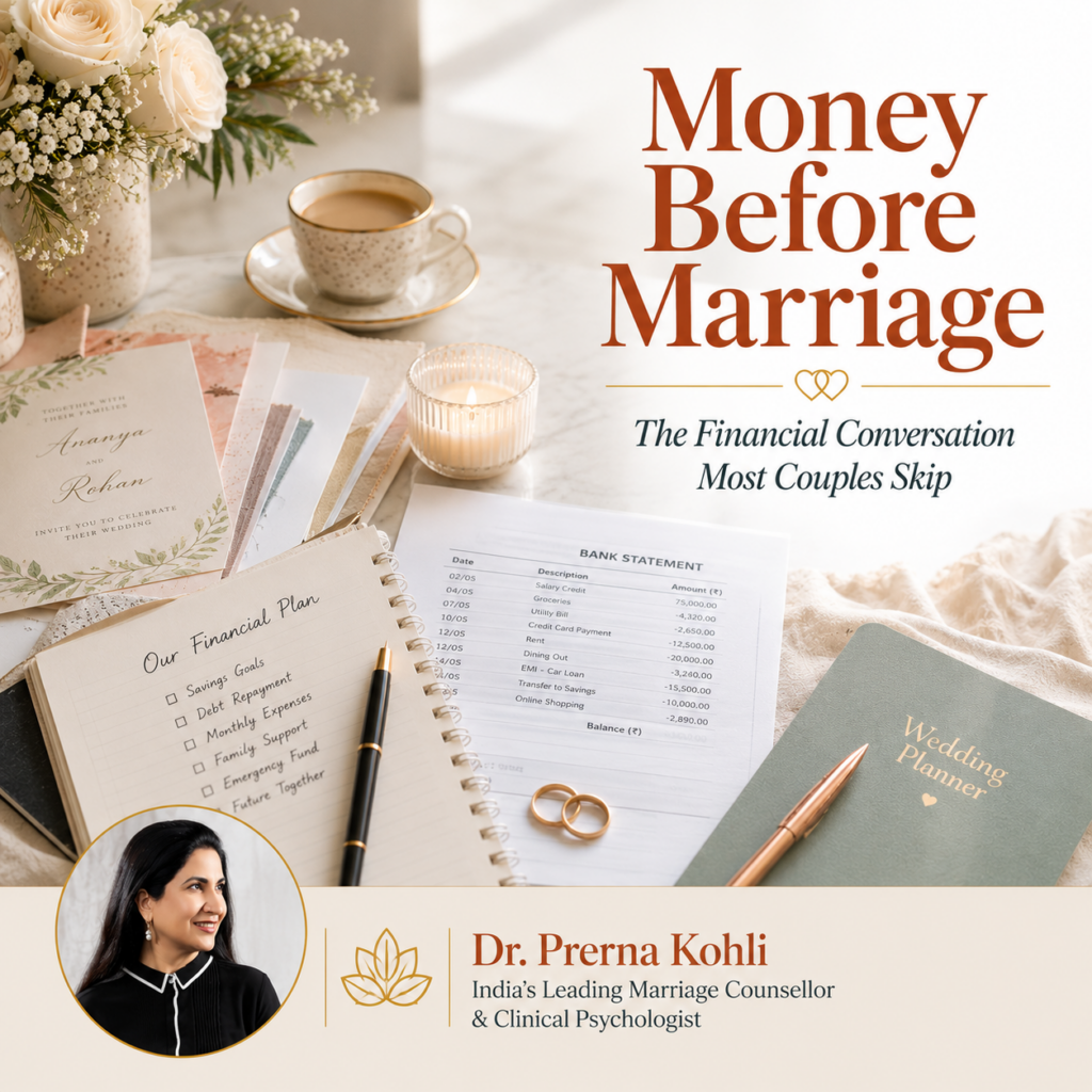 Wedding planning materials, financial documents, bank statements, and a financial planning notebook arranged on an elegant table, symbolizing the importance of discussing money before marriage. Editorial-style image featuring Dr. Prerna Kohli, India's leading marriage counsellor and clinical psychologist, focused on premarital financial counselling and money conversations before marriage.