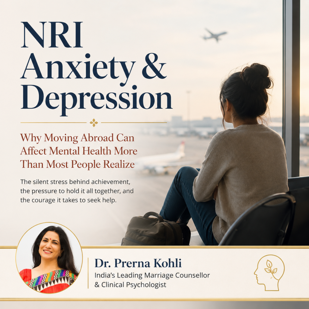 NRI Anxiety & Depression featured image showing a reflective woman seated at an airport overlooking departing aircraft, symbolizing migration stress and emotional challenges faced by Indians living abroad. The image includes expert commentary by Dr. Prerna Kohli, India's Leading Marriage Counsellor and Clinical Psychologist.