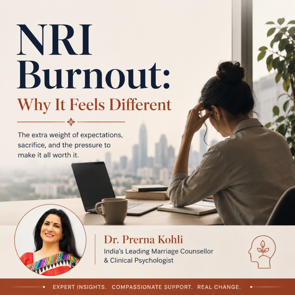 NRI Burnout featured image showing an overwhelmed professional sitting at a desk overlooking a city skyline, representing chronic stress, emotional exhaustion, and the pressure many Indians living abroad experience. The image features insights from Dr. Prerna Kohli, India's Leading Marriage Counsellor and Clinical Psychologist.