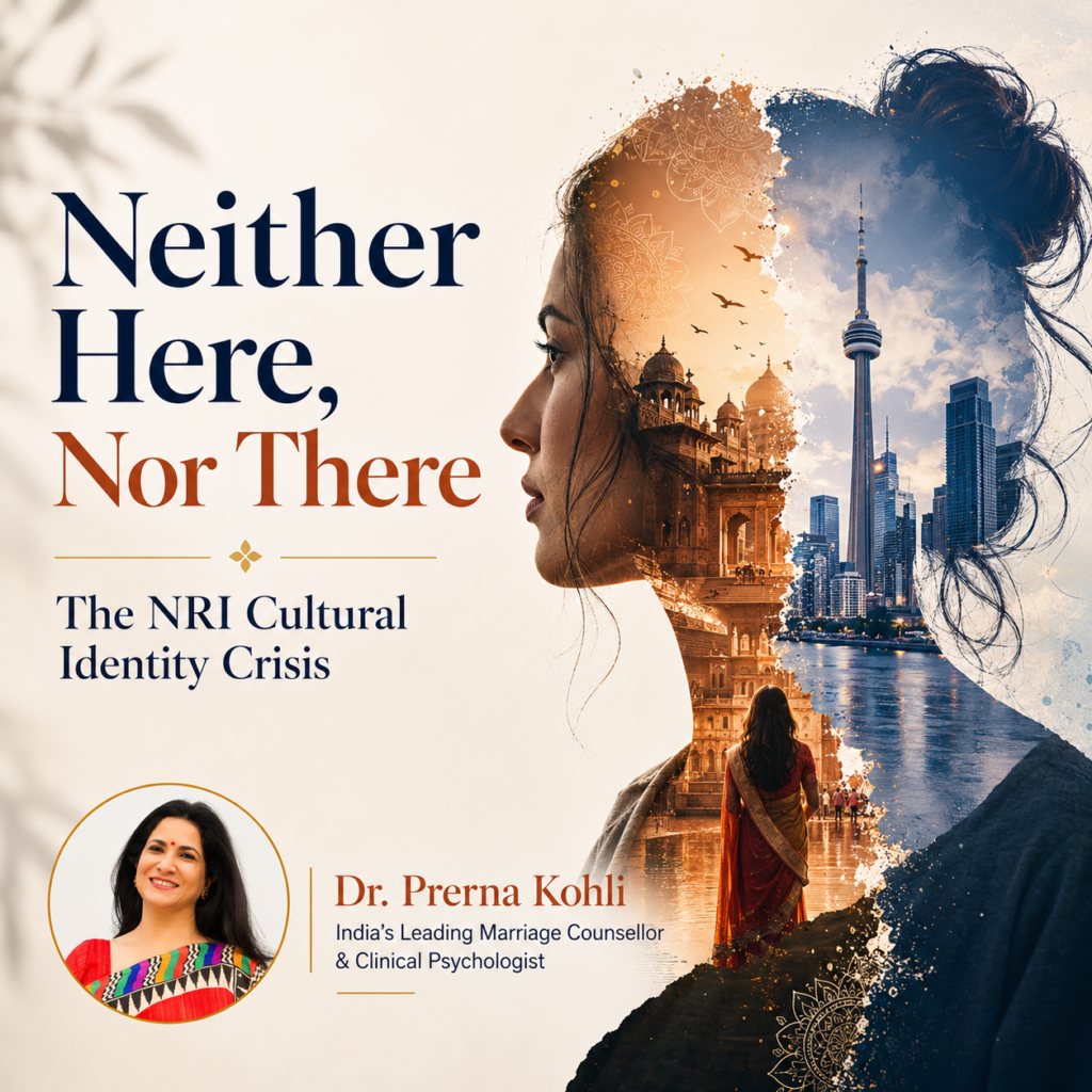 Editorial featured image illustrating the NRI cultural identity crisis. A split-profile portrait blends Indian heritage and Western city life, symbolizing the experience of feeling caught between two cultures. The image features Dr. Prerna Kohli, India's Leading Marriage Counsellor and Clinical Psychologist, and accompanies an article exploring identity, belonging, biculturalism, and the emotional challenges faced by Non-Resident Indians living abroad.