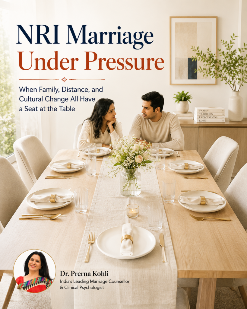 NRI marriage under pressure featured image showing a couple seated at a table with empty place settings symbolizing family expectations, distance, and cultural pressures.