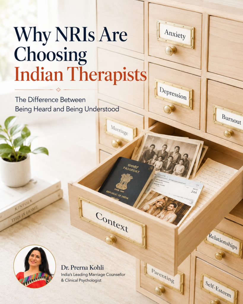 Indian therapist for NRIs featured image showing a context drawer filled with family, migration, and cultural influences.