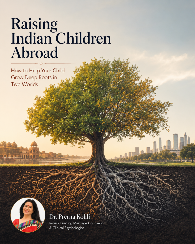 Raising Indian children abroad featured image showing a tree with dual roots symbolizing bicultural identity, heritage, and belonging across two cultures.