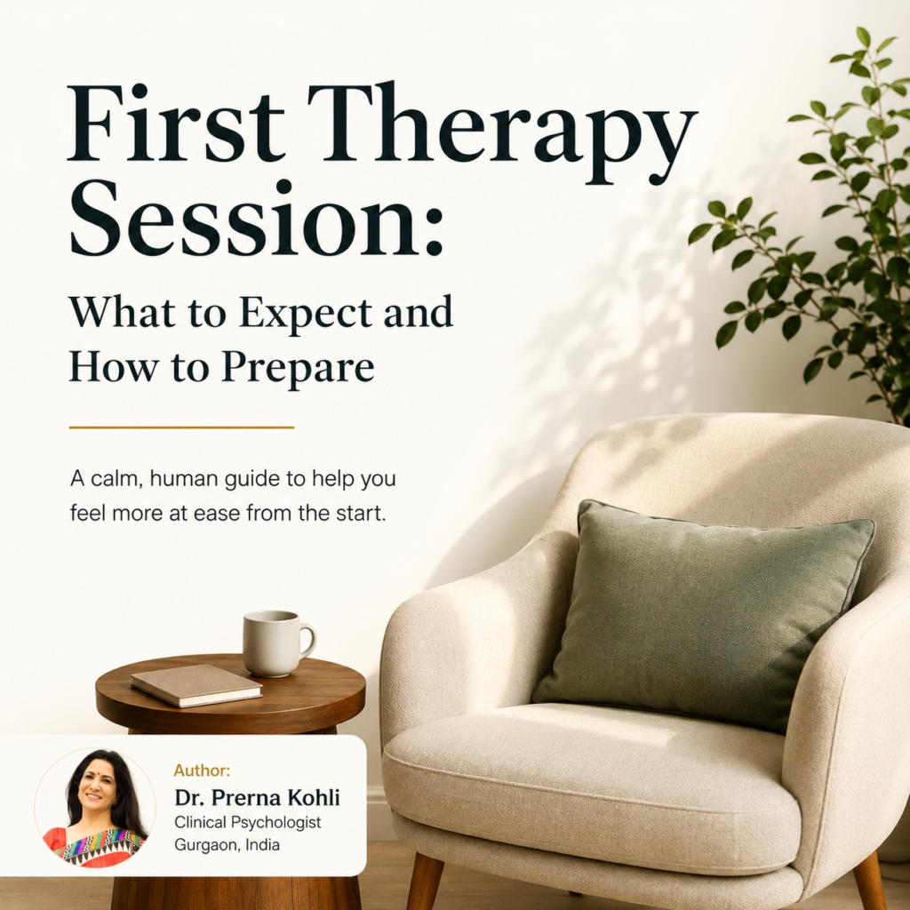 First therapy session featured image showing a calm consulting room with an armchair and Dr. Prerna Kohli, Clinical Psychologist, Gurgaon, India.