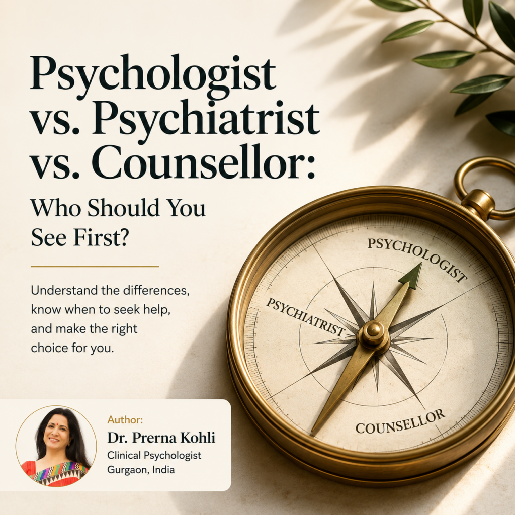 Psychologist versus psychiatrist versus counsellor featured image showing a brass compass pointing toward psychologist with Dr. Prerna Kohli, Clinical Psychologist, Gurgaon.