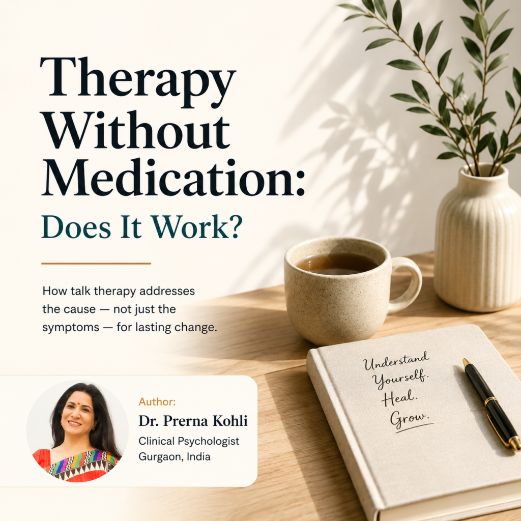 Therapy Without Medication featured image showing a reflective journal, tea cup and Dr. Prerna Kohli, Clinical Psychologist, Gurgaon, India.